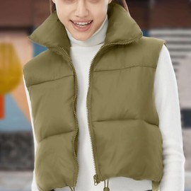 XIKUKA Cropped Puffer Vest for Women Stand Collar Lightweight Sleeveless Winter Warm Outerwear Padded Gilet Armygreen M