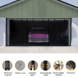 Sunmoxia Garage Door Screen for 2 Car Garage, Sunmoxia 16x7Ft Fiberglass Mesh Door Screen with Closure Weighted Bottom, Durable Magnetic Heavy Duty Screen Door Curtain Cover Kit with 6 Strapping Tapes