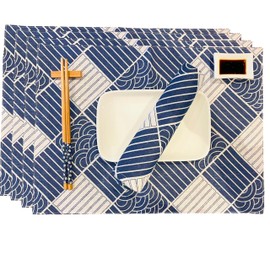 Exerz CosyAurora Cotton Linen Placemats 30x40cm Ocean Waves for Dining/Kitchen Table, Set of 4(A)