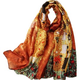 'Silk scarf - Klimt's 'The Kiss'. Hangs beautifully. Great 'Valentines' gift. Luxurious look and feel. Stunning addition to any outfit. 180x90cm.