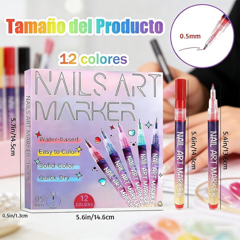 12 Rotuladores para Uñas 3D Secado Rápido, Decoración Nail Art