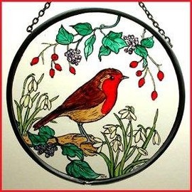 Decorative Hand Printed Stained Glass Window Sun Catcher/Roundel in a Robin in Snowdrops Design