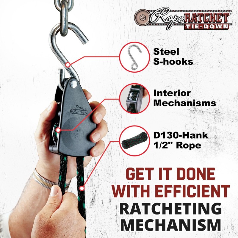 Rope Ratchet Heavy Duty 1/2" Hoist with Locking Pulley, Adjustable