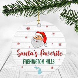 New Home Ornaments for Christmas Tree with Name City State Farmington Hills Michigan Ornament - Santa's Favorite Farmington Hills MI Ornament - Housewarming Ornament 3 Inches Plastic