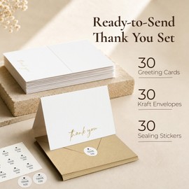 Vienrose 30 Pack Thank You Cards Set with Envelopes, 6.1x8.1 Inches Thick Blank Cardstock with Kraft Envelopes & Round Thank You Stickers for Business, Wedding, Graduation & Funeral