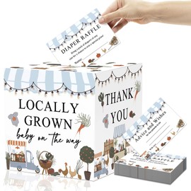 OWWOPATS 51Pcs Locally Grown Diaper Raffle Tickets with Box, Farmers Market Baby Shower Decorations, Fruit and Vegetables Theme Diaper Raffle Box for Baby Shower Game Kit