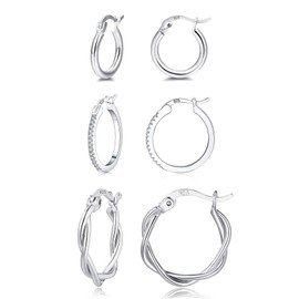 EPVOA Silver Hoop Earrings for Women, 925 Sterling Sliver Hoop Earrings for Girls, Hypoallergenic Hoop Earrings Set, Silver Hoops Earrings for Men, Sizes 13/15/20mm