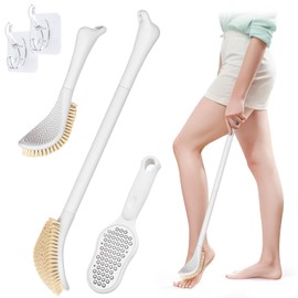 GEENOA New Foot Brush with Long Handle, 3-in-1 Foot Scrubber in Shower, 10.2’’-27.5’’Adjustable Foot Scrub Brush and Upgrade Foot File Callus Remover, Gift-Box Packaged(White kit01)