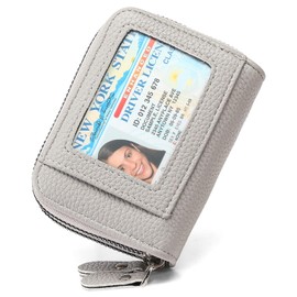 RNIEGA Credit Card Holder Wallet RFID Blocking Leather Small Wallet for Women Double Zipper Wallet with ID Window, A-Grey, small, Minimalist