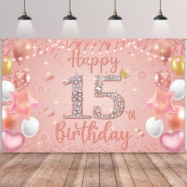 Happy 15th Birthday Decorations Banner - Pink Rose Gold Decoration Backdrop Photography Background, Fabric Sign Poster for 15 Years Old Girls Birthday Party Supplies