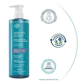 Ducray Keracnyl Foaming Gel 400ml Face and Body Hygiene of Oily Skins with Acne Tendency (Packed of 2)