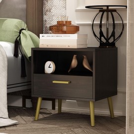 MOUMON Modern Nightstand with Drawer and Open Shelf, Tiny Bedside Table End Table, Contemporary Style, Gold Metal Legs, for Bedroom Living Room Espresso (19.5”W x 15.6”D x 20”H)