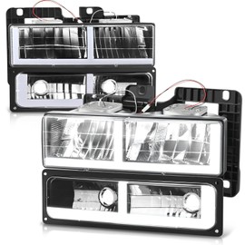Auto Dynasty LED DRL Headlights Assembly Compatible with 1988-2002 Chevy GMC Tahoe Blazer C/K Suburban Yukon, 4Pcs Composite Headlamps w/Bumper Lamps, F-LED Switchback DRL, Black Housing Clear Corner