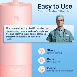Bigsmile Pink Water Flosser Powerful Cordless Dental Irrigator for Kid Braces Travel Shower to Help Prevent Infections and Bad Breath Pick Floss IPX7 200ML (Pink)