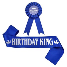 Birthday King Pin Badge Sash Blue Silver Birthday Corsage Brooches with Ribbon Celebration Bday Birthday Gifts for Men Boys Him Happy Birthday Party Themed Dress Decors