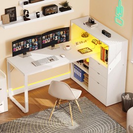 YITAHOME L Shaped Desk with Power Outlets, 55" Computer Desk with Drawers & Bookshelf, Home Office Desk with LED Lights, Corner Desk with File Cabinet, White