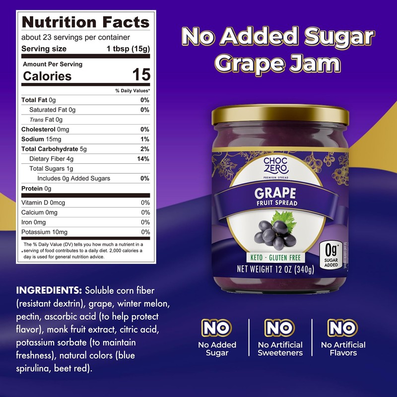 ChocZero Keto Grape Jam, No Added Sugar Fruit Spread Preserves,