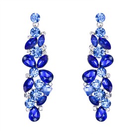 Flyonce Austrian Crystal Bridal Tear Drop Flower Cluster Dangle Earrings Sapphire Color Silver-Tone