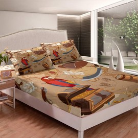 Feelyou Nautical Decor Bedding Set for Girls Boys Children Sailboat Rudder Printed Bed Sheet Set Ocean Theme Pirate Fitted Sheet Retro Sea Adventure Bed Cover Queen Size 3Pcs