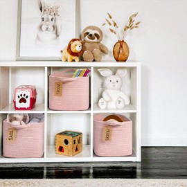 Woven Storage Basket, Cotton Rope Basket for Shelves Closet Organizer, Square Shelf Basket for Toys, Books, Shoes, Decorative Empty Gift Basket for Home Bathroom Decor, 33x25x22.5cm, Pink