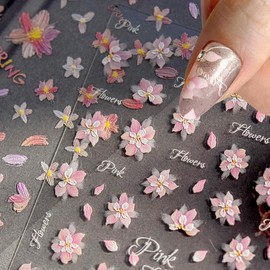 2Sheets Pink Sakura Flower Nail Stickers For Nail Art,5D Embossed Cherry Blossom Nail Design Nail Art Stickers Spring Summer Floral Nail Decals For Nail Art Relief Petals Nail Sticker Nail Accessories