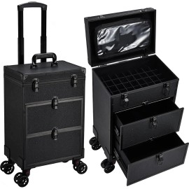 Leather Rolling Makeup Train Case with Wheels 2 Drawers Professional Nail Organizer Case Pouch Cosmetology Salon Cart Trunkcolor: Black