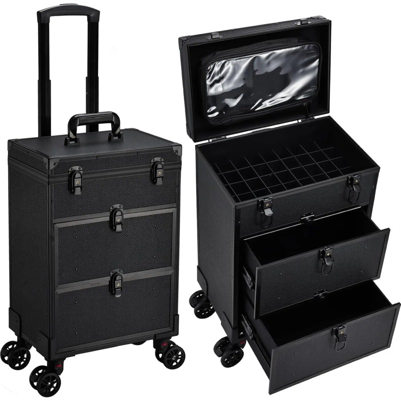 Leather Rolling Makeup Train Case with Wheels 2 Drawers Professional