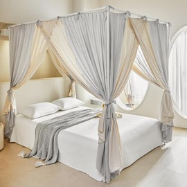 AIKASY Canopy Bed Curtains with Top Ties - Elegant Soft Drapes, Bed Canopy Drapes for Girls' and Adults' Bedroom Decor, Privacy Protection, Enhances Style （Full，Gray/Khaki）