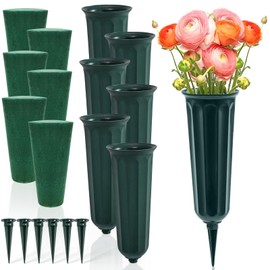 Goaste 6 Pack Cemetery Vases with Foam Inserts, Memorial Floral Vases with Spikes, Grave Flower Holder Cones for Outdoor Use, Lawn Headstone Graveside Decoration, Fresh or Artificial Flowers, Green