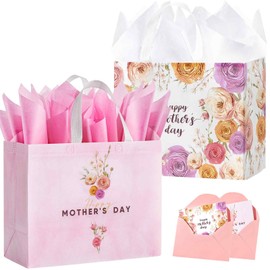STYPOP 2 Pack 13" Large Mothers Day Gift Bags with Tissue Paper, Reusable Non-Woven Pink Gift Bags with Handles, Mothers Day Gifts for Mom/Grandma/Friends, 12.8"*10.2"*6.3"
