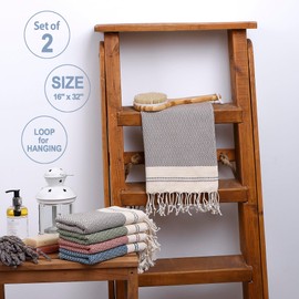 Evelynen Turkish Hand Towels for Bathroom & Kitchen Towels Decorative Set of 2 | Boho Farmhouse Hand Towels with Hanging Loops for Face, Tea, Dish, Kitchen & Bath | Turkish Cotton (16" x 32" - Latte)