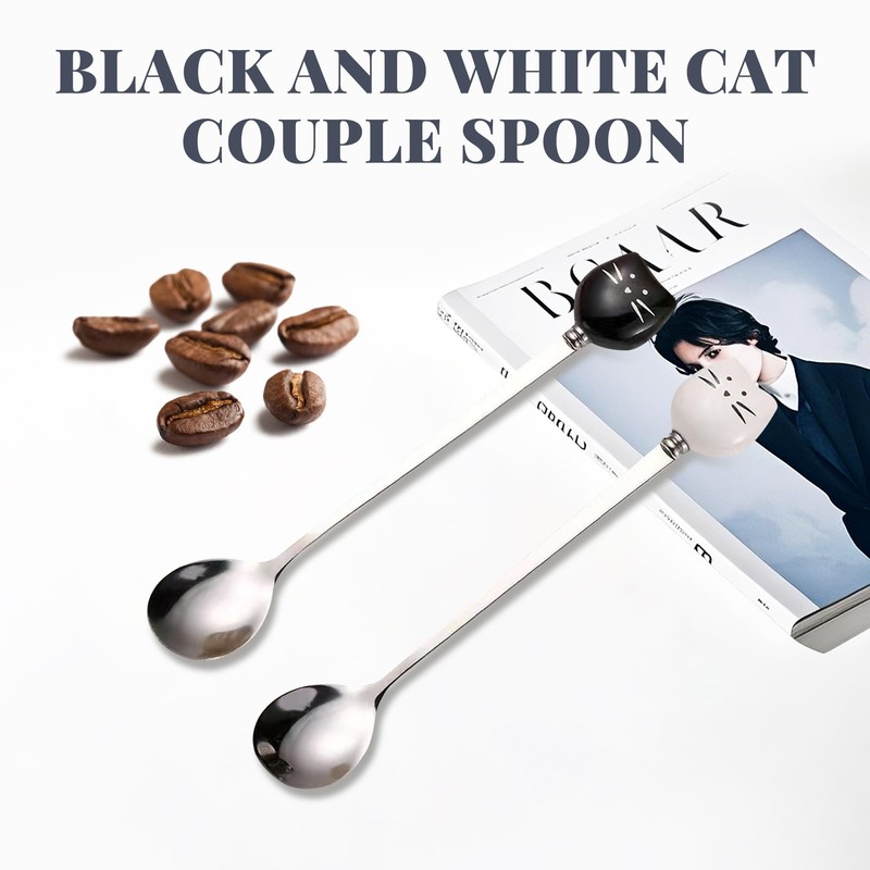 Cute Cat-Shaped Coffee Spoon Set - Black and White Cat