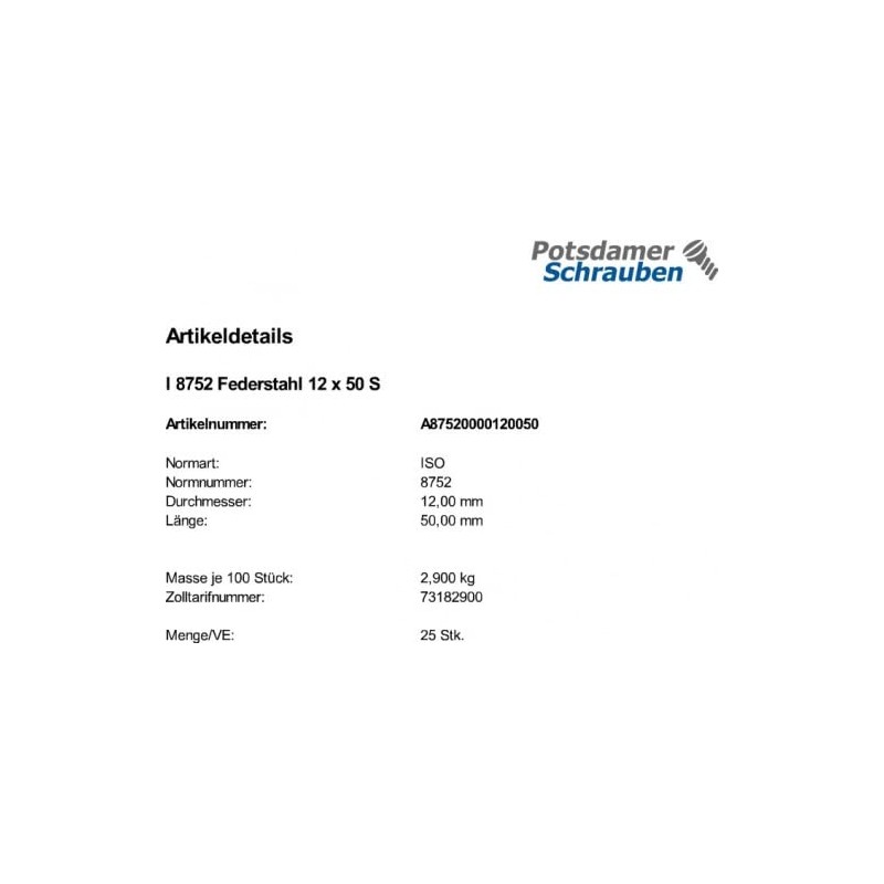 25 tension pins, ISO 8752, spring steel, 12 x 50.