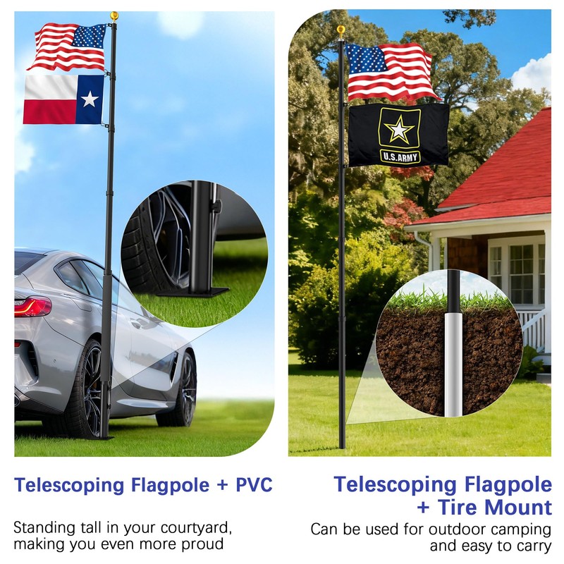 IOEN 20FT Telescoping Flag Pole Kit with Tire Mount &
