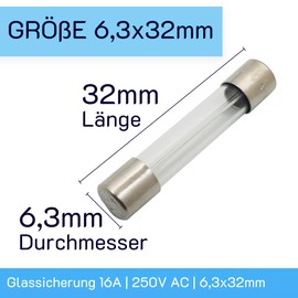 SIBA Pack of 10 Glass Fuses 6.3 x 32 mm 0.2 A - 20 A for 250 V AC AC Voltage, Fine Fuses Slow Release Characteristic, G Fuse Inserts (16 A, Pack of 10)