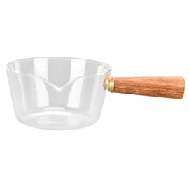 Glass Milk Pot with Wooden Handle V Shaped Spout Noodles Saucepan Home Kitchen Cookware Accessory400ml