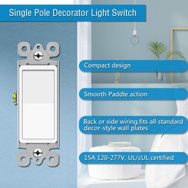 Greencycle Single Pole Rocker Light Switch,Paddle Light Switch 15 Amp,Sp Switches White,120V-277V AC,On/Off Wall Switches, Residential/Commercial Grade,Home & Office,UL/CUL,2PK