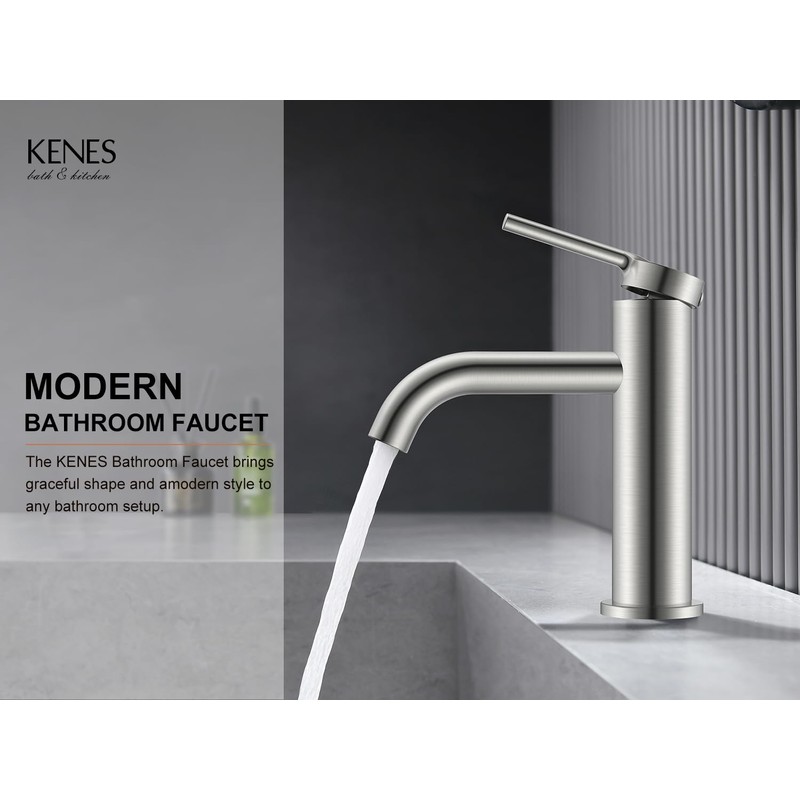 KENES Brushed Nickel Bathroom Faucet Single Hole Modern Bathroom Sink
