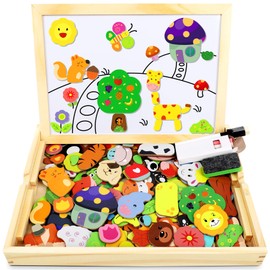 Jojoin Jojoin Holzpuzzle mit Doppelseitiger Tafel, Puzzles, 110 Stück Tiermuster Pädagogisches Magnetische Holzspielzeug, Kreativ Lernspielzeug für Kinder
