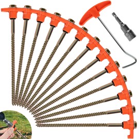 OFFOF 12 Pack Heavy Duty Metal Tent Pegs – Rotating Rock Pegs with Thread, Ground Anchors for Camping, Includes Drill Adapter & Nail Puller, Durable Steel Stakes for Garden, Canopies & Outdoor(orange)