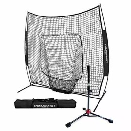 PowerNet Softball Baseball Training Equipment Bundle (7x7 Net & Tee) - Black