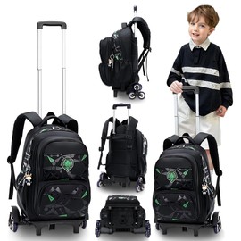 Set of 4 Trolley Bag School Backpack Children's Backpack with Wheels School Bag Wheels Girls Boys Children's Backpack Teens Galaxy Black, 8002 green, School backpack