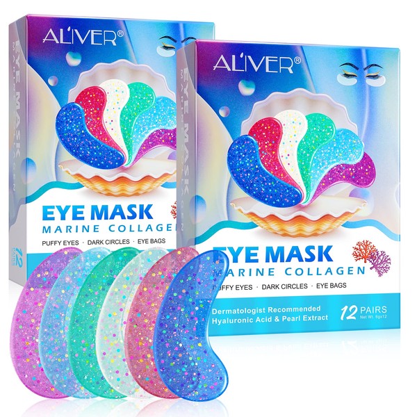 12 Pairs Eye Pads, Eye Gels - Pearl Eye Masks with Natural Algae Extracts & Hyaluronic Acid, Collagen Eye Patches, Anti-Ageing Acne Plasters, Reduce Wrinkles, Dark Circles