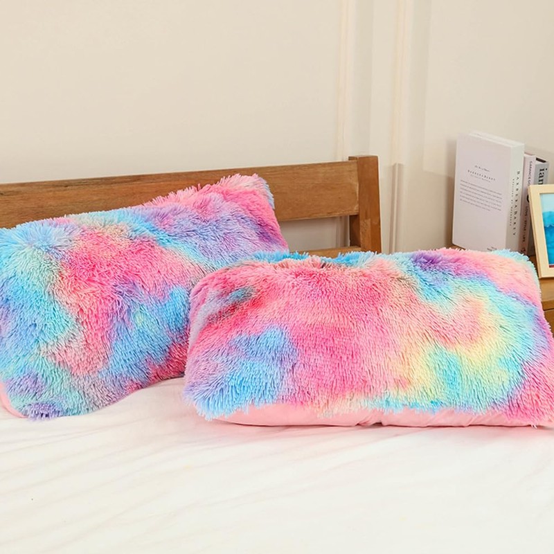 Veemoon Decorative Fuzzy Pillow Covers Rainbow Fluffy Cushions Protector Throw