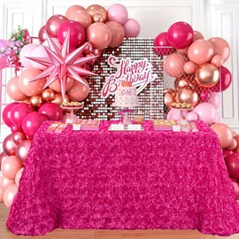 Fanqisi Hot Pink Tablecloth Party Table Cover: 90x156 Inches Rosette Baby Shower Table Cloth - Wedding Birthday Table Decoration