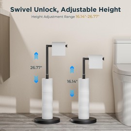 FORIOUS Toilet Paper Holder Stand Adjustable, Stainless Steel Freestanding Toilet Paper Holder with Storage, Bathroom Tissue Roll Stand Storage for 4 Rolls, Matte Black
