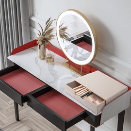 XNONE Desk Drawer Box with Closed A4 Compartment, PU Leather Drawer Box, Jewellery Organiser, Cosmetic Organiser, U-shaped Opening, Hand-Stitched Seams (Beige Fabric Gold-Plated Edge)