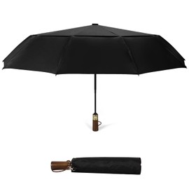 ECOHUB Travel Umbrella Windproof Strong With Compact Foldable, Automatic Open/Close, 10 Sturdy Ribs, Recycled PET Fabric, Wooden Handle & Ventilated Waterproof Canopy - Anti-Lost Sleeve, Black