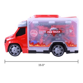 Kidplokio Red Fire Truck Toys Carrier with Action Figures Lights Sounds Playset, Ages 3 and Up
