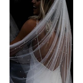 Elawbty Elawbty 1 Tier Pearl Fingertip Length Wedding Bridal Veil With Metal Comb White F55